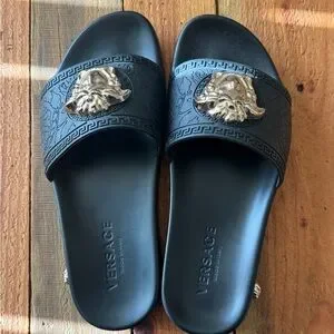 Versace | Shoes | Versace Black Sandals With Gold Lion  display picture 1